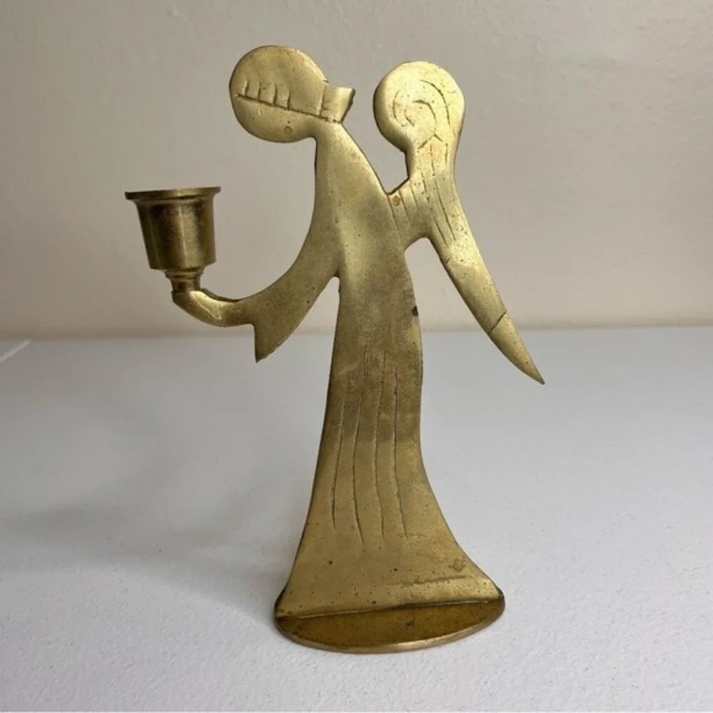 Vintage Brass Angel Candlestick Holder Made in Korea 7.5 Inches Tall Patina